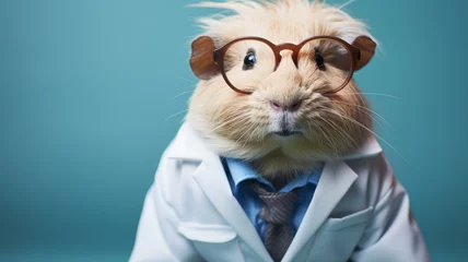 Fotobehang A guinea pig full body with a lab coat and scientist's glasses, isolated on blue background, Generative AI  © AIExplosion