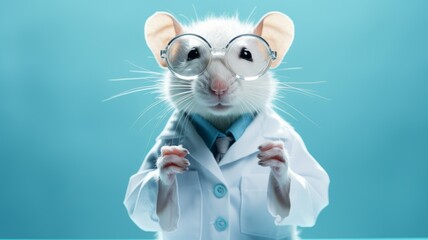 A rat full body with a lab coat and scientist's glasses, isolated on blue background, Generative AI	 - obrazy, fototapety, plakaty