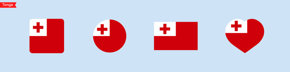 National flag of Tonga. Tonga flag icons in the shape of a square, circle, heart. Isolated flag symbols for language selection. Vector icons