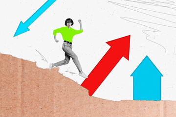 Placard collage image of crazy excited woman running forward dream success isolated on painted...