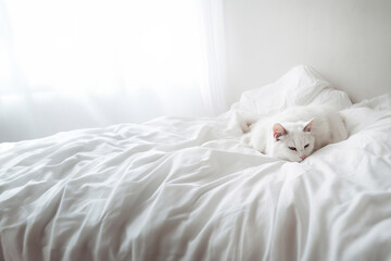 Cute domestic white cat lying on a bed under a white blanket in the bedroom. Generative AI - obrazy, fototapety, plakaty
