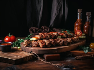 Fototapeta na wymiar Delicious juicy kebabs and vegetables and greens on a wooden board, decorated with herbs and vegetables. Photorealistic illustration. AI generated..