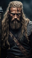 Obraz premium Fearless Viking warrior portrait. Generative ai.