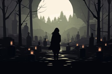 Fototapeta premium lonely woman at cemetery illustration