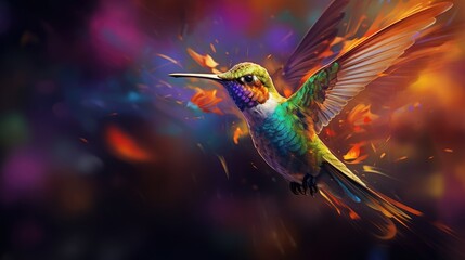 Colorful hummingbird flying digital art. Generative ai