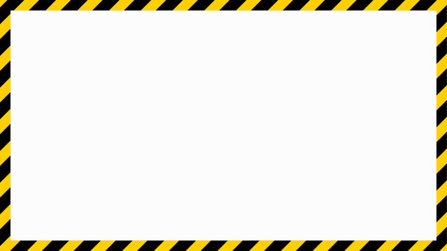 Yellow and black caution tape frame, 16x9 rectangular warning sign border template with striped for web, presentation, video thumbnail, vector illustration.