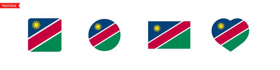 National flag of Namibia icons. Website language choice symbols. Namibia flag in the shape of a square, circle, heart. Vector UI flag design