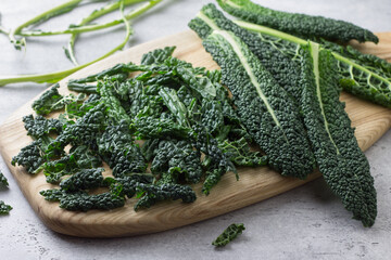 Wooden board with torn and whole kale leaves on a gray textured background. Preparing a healthy homemade salad - 678703066