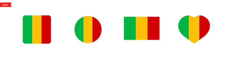 National flag of Mali. Flag in the shape of a square, circle, heart. Mali flag icons for language selection. Vector icons