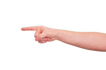 Pointing finger isolated on white background, men's hand point with forefinger. A gesture indicating the way or an order from a strict boss