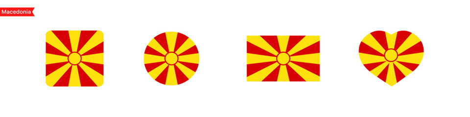 National flag of Macedonia. Isolated flag symbols for language selection. Macedonia flag icons in the shape of a square, circle, heart. Vector icons