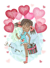 A Valentine's day card. Cute girl with balloons in the form of hearts. Watercolor