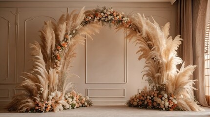 Boho wedding arch with pampas and flowers inside a beige room, wedding digital backdrop, floral arch, 