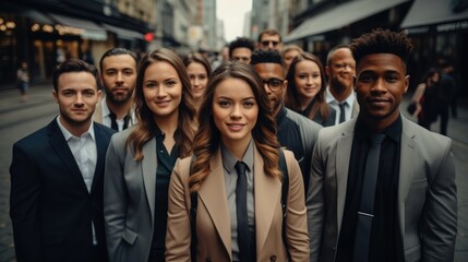 Confident businesswoman standing with large group of various races of business people on the street.