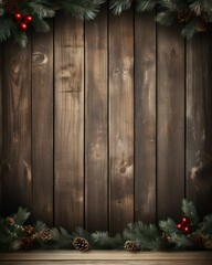 a wooden background with christmas fir trees and cones in the center