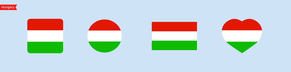 National flag of Hungary. Isolated flag symbols for language selection. Hungary flag icons in the shape of a square, circle, heart. Vector icons