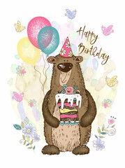 A birthday card. Cute teddy bear with balloons and cake. Vector.