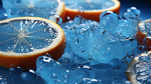 lemon slices close-up. Drops of water on the glass surface of a citrus fruit painted blue. Cocktail ingredient

