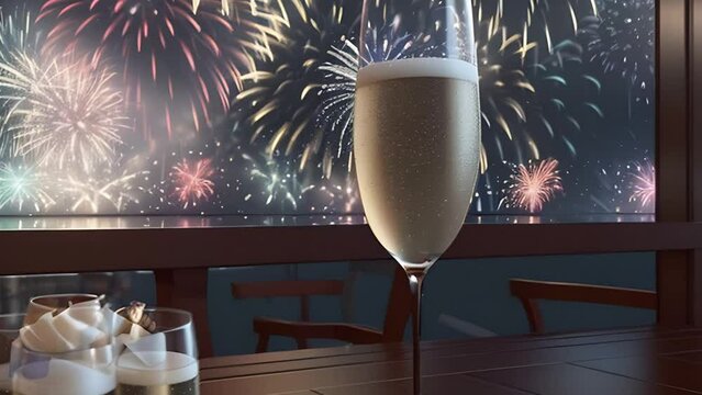 a glass of sparkling champagne on the table with copy space, in the background New Year's fireworks with zoom. Christmas winter holidays