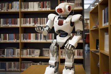 Fototapeta premium Self educating artificial intelligence. Machine learning concept. Robot studying, writing code and reading books in library. AI and Neural network development. 