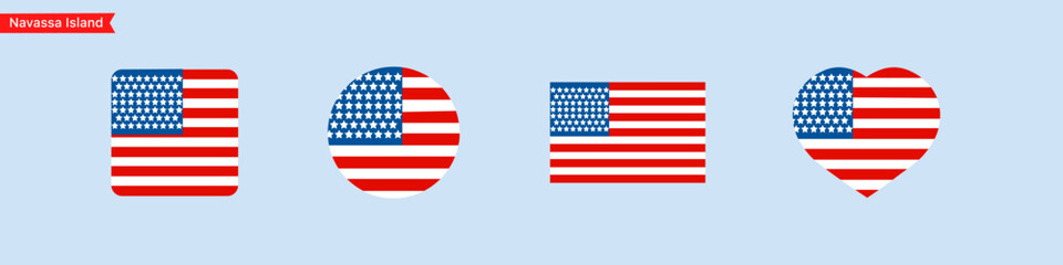 National flag of Navassa Island icons. Website language choice symbols. Navassa Island flag in the shape of a square, circle, heart. Vector UI flag design