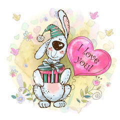 A Valentine's Day card. Cute bunny with a balloon in the form of a watercolor heart.