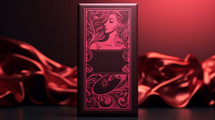 Luxury dark chocolate lady label on red silk background. Luxury chocolate lady label for valentine's day. 3d rendering