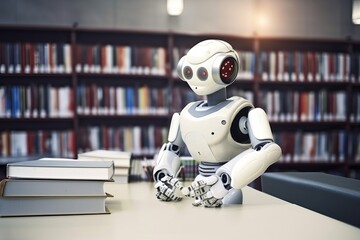 Self educating artificial intelligence. Machine learning concept. Robot studying, writing code and reading books in library. AI and Neural network development. 