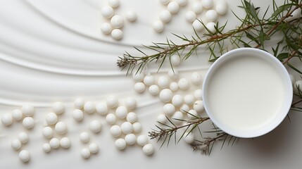 Obraz na płótnie Canvas Light abstract background with a round container of cream in the form of a white liquid. Small white balls, decorated with greenery. Concept: cosmetics, body care. Copy space banner