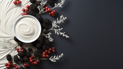 Dark and white background with round white plates and raised pattern. Decorated with blackberries, red berries and twigs with white leaves. Concept: cosmetics and care products banner with copy space