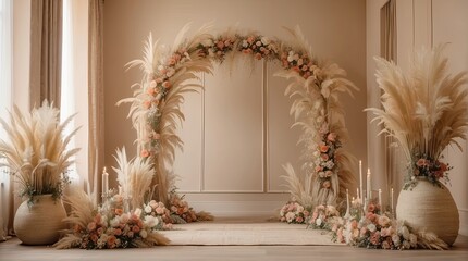 Boho wedding arch with pampas and flowers inside a beige room, wedding digital backdrop, floral arch, 