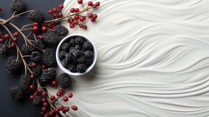 Dark and white background with round white plates and raised pattern. Decorated with blackberries,...