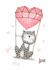A Valentine's Day card. Cute cat is flying in a balloon. Vector.