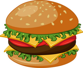 Delicious Juicy Burger. Vector Illustration of Hamburger with Meat, Cheese, Tomatoes and Greens. Fast food