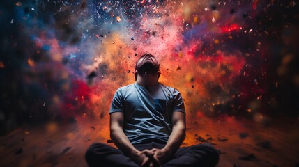 An individual experiencing an acute stress reaction, showcasing symptoms of burnout and a sudden, intense emotional outburst, possibly leading to a mental health crisis.