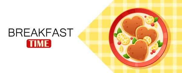 Fototapeta premium Banner for advertising breakfast pancakes. Tablecloth, delicious pancakes top view with berries and fruits