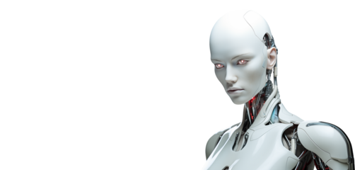 Cyber woman. Cool AI robot isolated on transparent background. PNG Banner Illustration. Post-processed generative ai	
