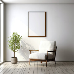 Empty picture frame mockup, vertical orientation, placed on a white wall in the window living room with natural light, vintage, armchair, and plants in a pot. Simple, modern, minimal interior style.