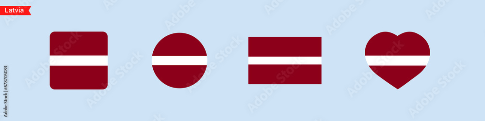 Poster national flag of latvia icons. latvia flag in the shape of a square, circle, heart. website language