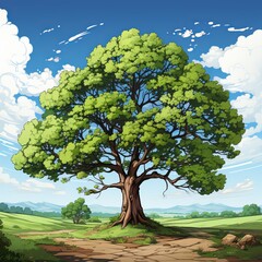 A powerful tree with dense green foliage and a pronounced brown trunk against a clear sky with clouds. landscape with other trees in the distance - obrazy, fototapety, plakaty
