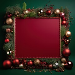Merry Christmas sign banner frame with empty space and festive decoration with with red and gold balls on red background, Xmas greeting card, Happy New Year