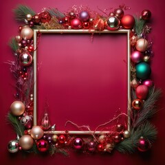 Merry Christmas sign banner frame with empty space and festive decoration with with red and gold balls on red background, Xmas greeting card, Happy New Year