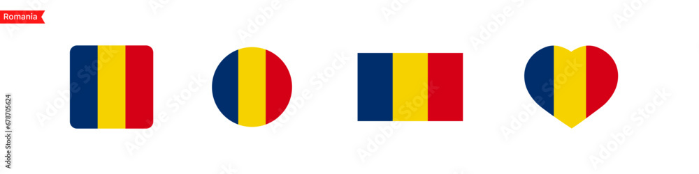 Poster national flag of romania. romania flag icons in the shape of a square, circle, heart. isolated flag 