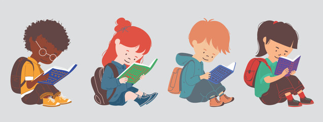 Cute boy and girl sitting on the floor and enjoying reading book. Child reading book, Isolated vector illustration