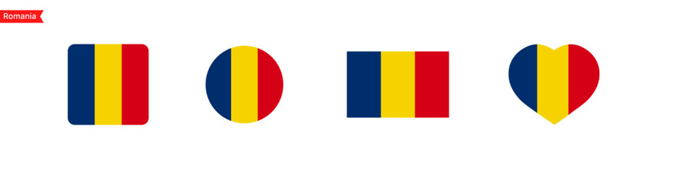 National flag of Romania. Romania flag icons in the shape of a square, circle, heart. Isolated flag symbols for language selection. Vector icons
