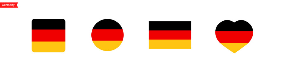 National flag of Germany icons. Germany flag in the shape of a square, circle, heart. Website language choice symbols. Vector UI flag design