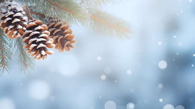 Closeup of oine branch with pine cones and snow, defocused blurred background with blue sky and bokeh lights and snowflakes