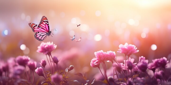 Enchanting Sunlit Field  Butterflies and Pink Blossoms, Generative AI