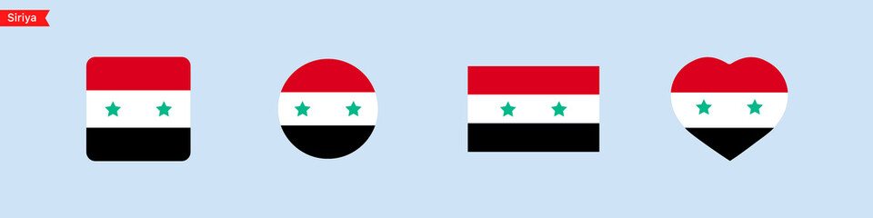 National flag of Syria icons. Syria flag in the shape of a square, circle, heart. Website language choice symbols. Vector UI flag design