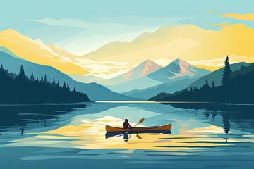 Fototapeta canoeing adventure boat on peaceful lake nature landscape illustration obraz